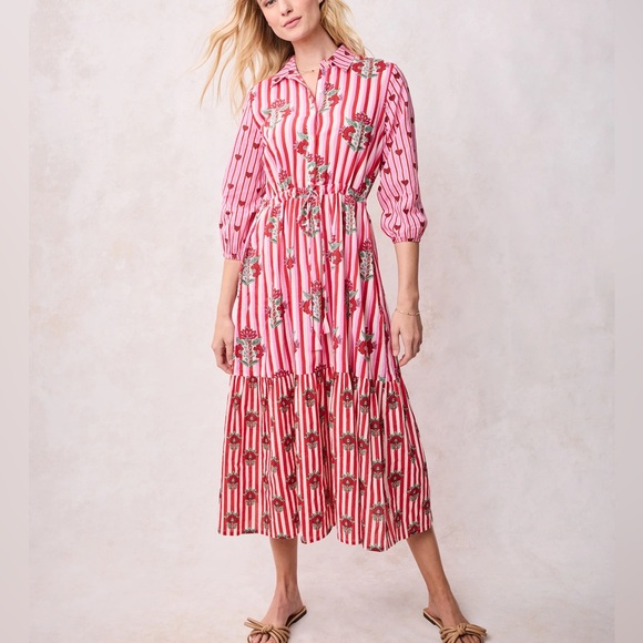 PRINTFRESH Maison Dress in Carnation Stripes ColorScarlet Petal NWT size small